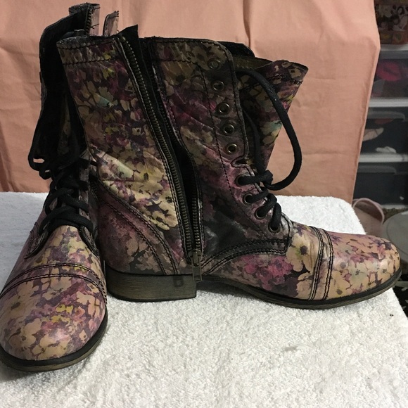 Steve Madden Floral Combat Boots in Tan and Purple - Picture 2 of 4